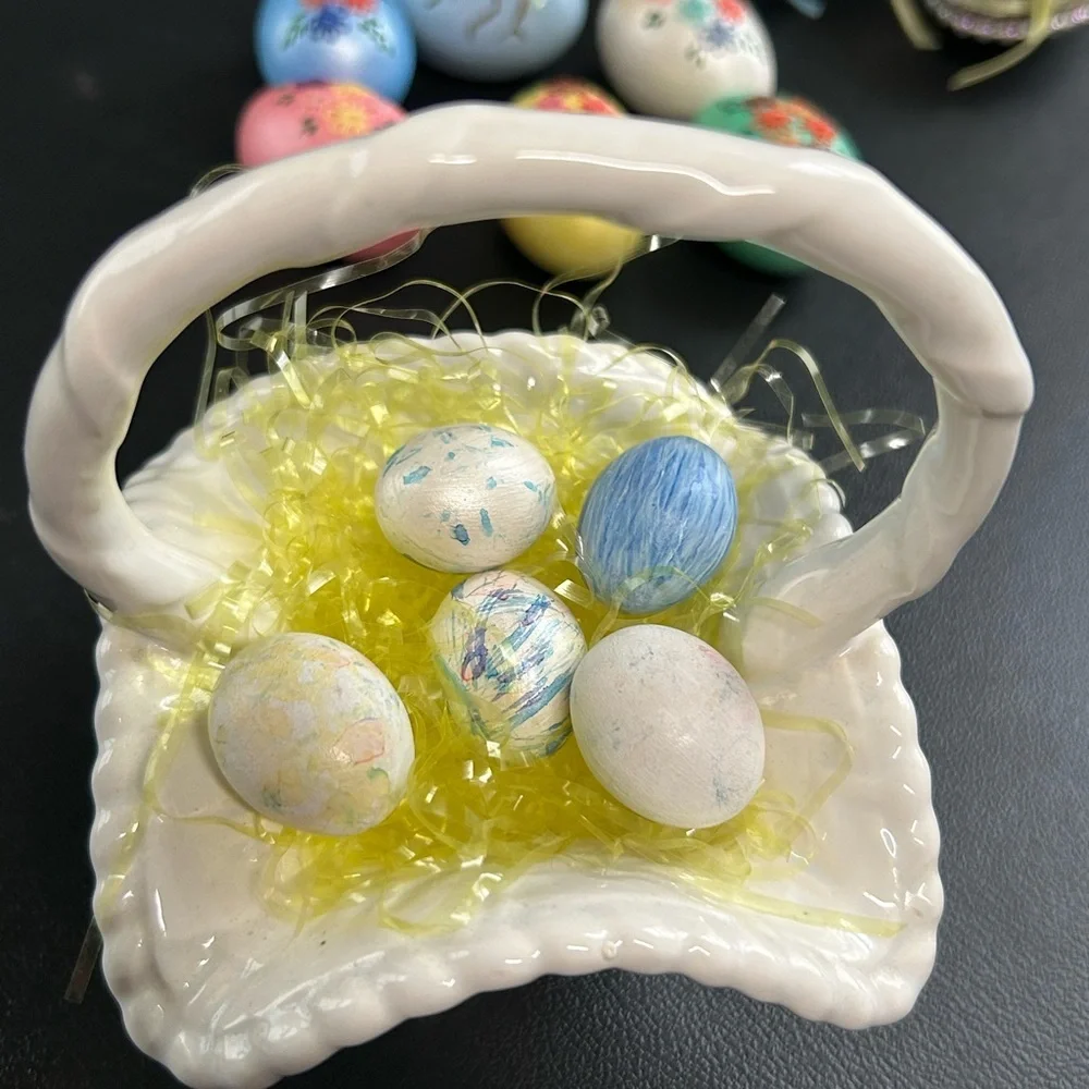 Vintage 14 Piece Easter Ceramic Basket &‎ Eggs Colorful Chick Home Decor